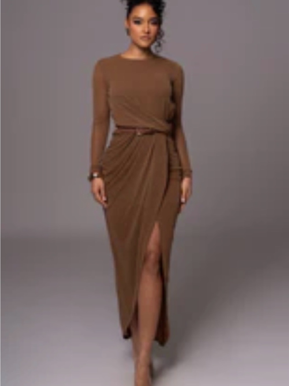 JLUX ARECALI XS Long Sleeve Brown Maxi Dress with Front Slit